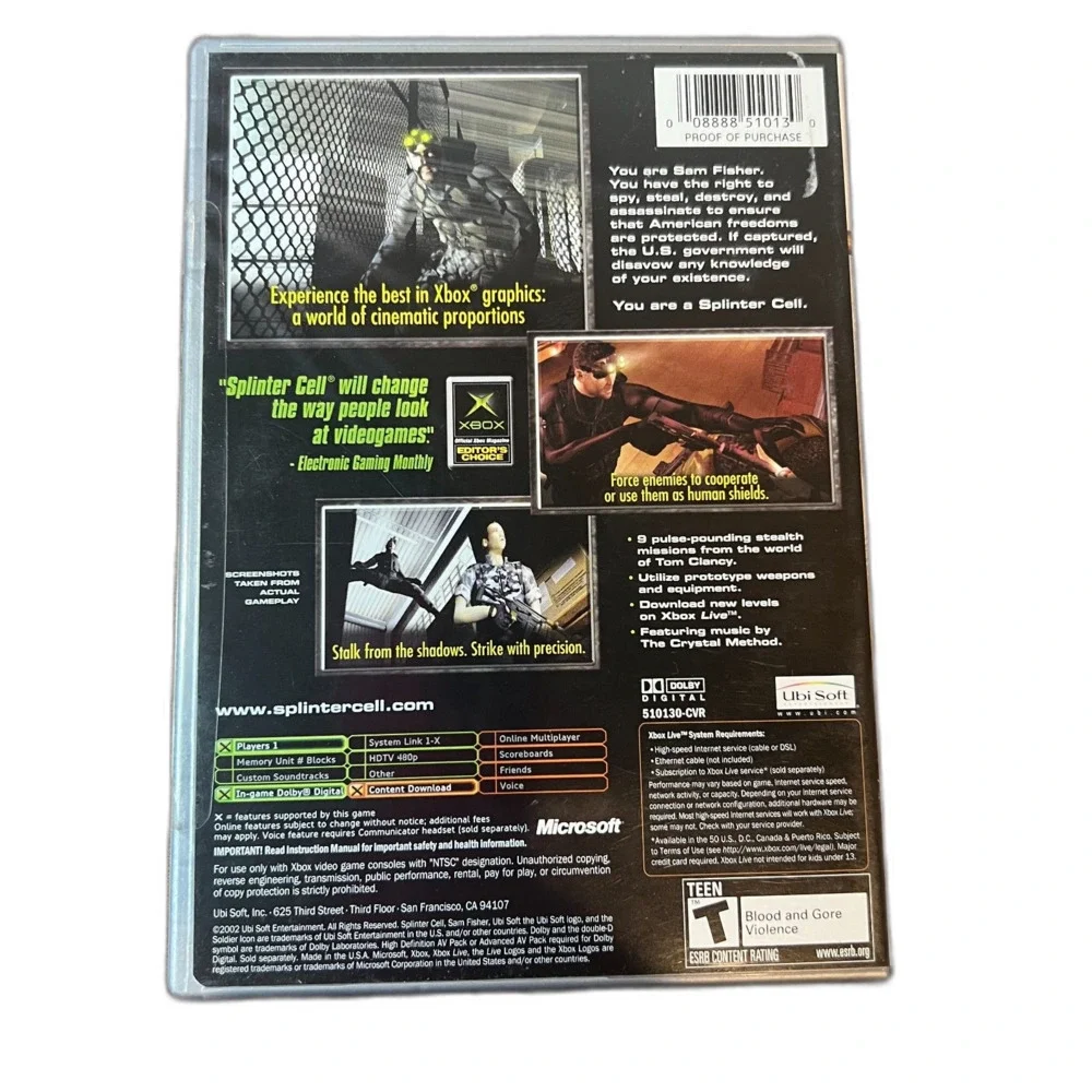 Tom Clancy's Splinter Cell Microsoft Xbox 2002 Untested Disc Box Manual Platinum